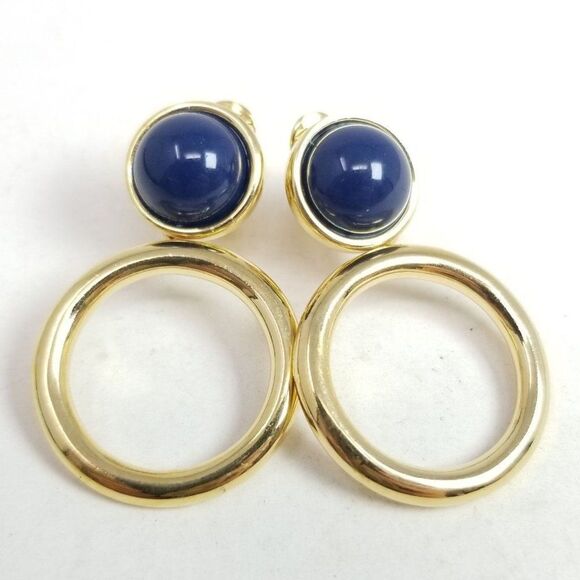 Vintage Monet Navy Blue Gold Tone Clip On Earring, Round Circle Hoop Design, 90s - Picture 1 of 6